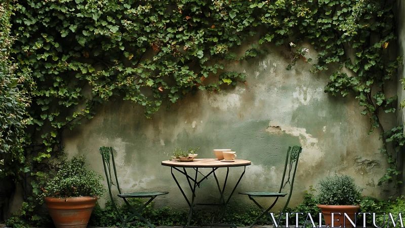Small metal patio set against ivy-covered courtyard wall.
