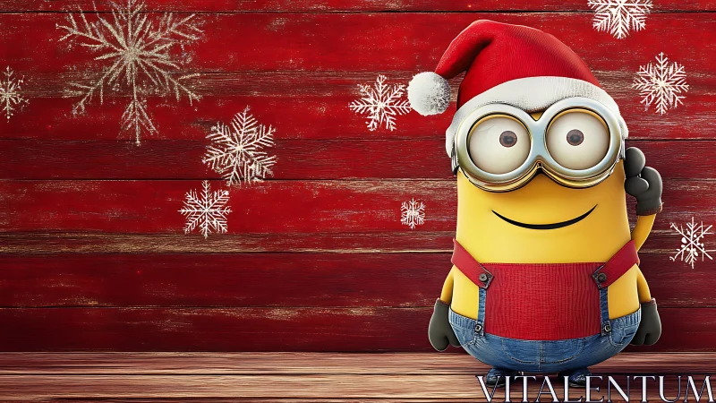 Yellow cartoon helper in Santa outfit on rustic red wall