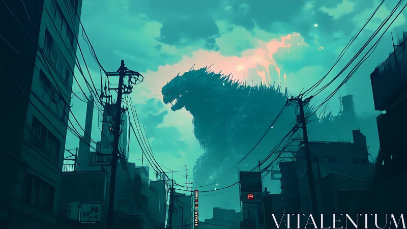 Colossal kaiju looming over teal-lit urban skyline.