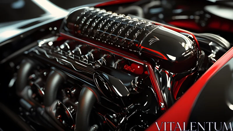 High-performance car engine in glossy red and black, modern style.
