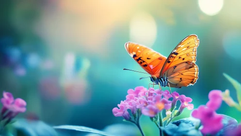 Gentle orange butterfly pausing on bright pink garden blooms.