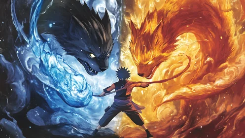 Elemental fox duel with bipedal summoner in dynamic standoff.