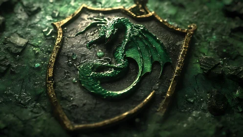Emerald dragon crest resting on weathered stone shield.