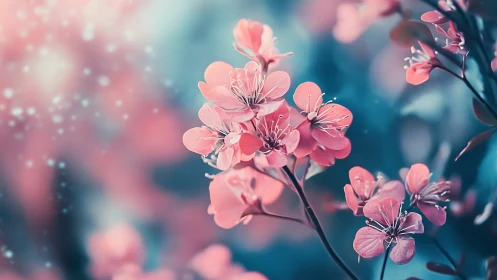 Pink Blossoms Against Blue Background.