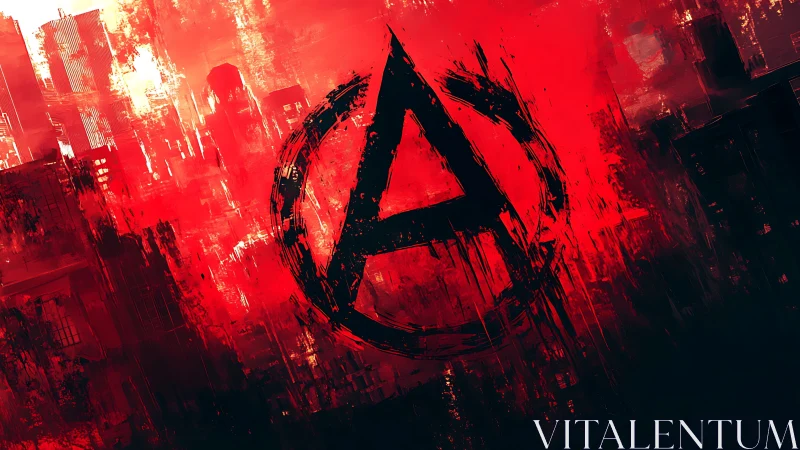 Urban anarchy emblem over red fractured cityscape.