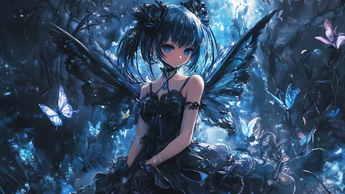 Nocturnal blue fairy girl amid luminous butterflies in forest