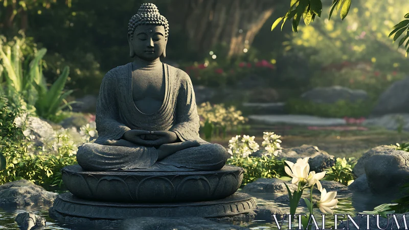 Stone Buddha breathing quiet light in a mossy garden.