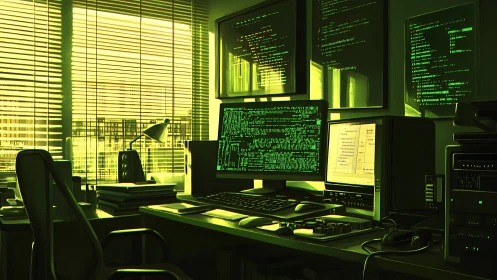 Neon green coding workstation glows in a focused night office