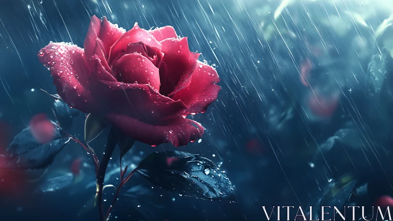 Rain-kissed crimson rose glowing through a stormlit dusk.
