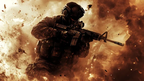 Armored soldier advances through fiery explosion in dynamic frame