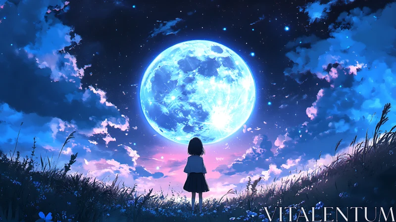 Moonlit meadow girl drinking in a colossal electric sky.