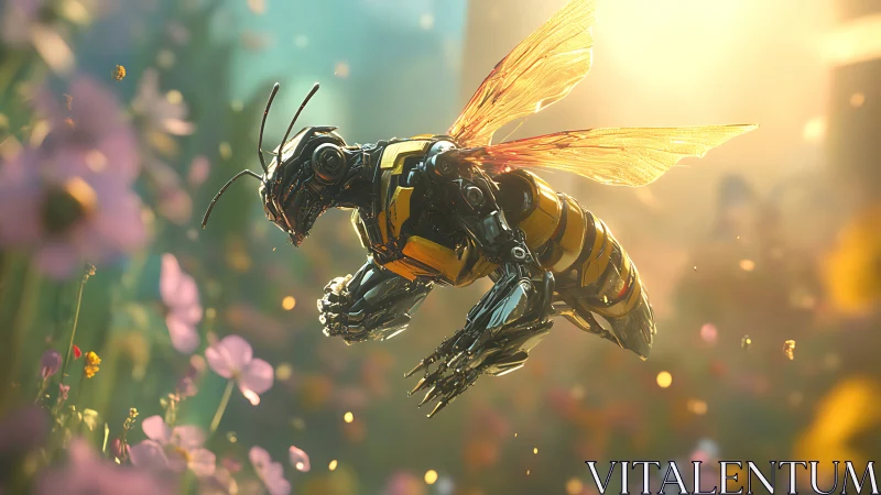Cybernetic bee in luminous flower field at golden hour.