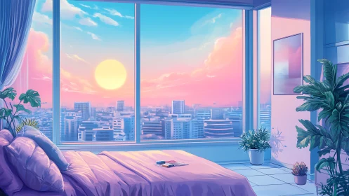 Bedroom interior with city skyline at colorful sunrise.