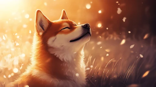 Shiba inu dog in warm sunset light with drifting petals.