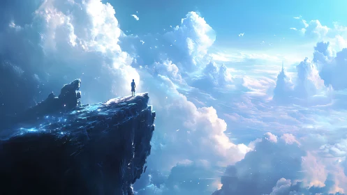 Solitary dreamer stands on a glowing cliff above endless clouds