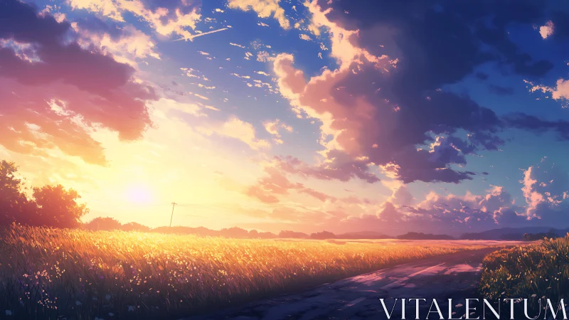 Sunset road across glowing summer field under clouds.