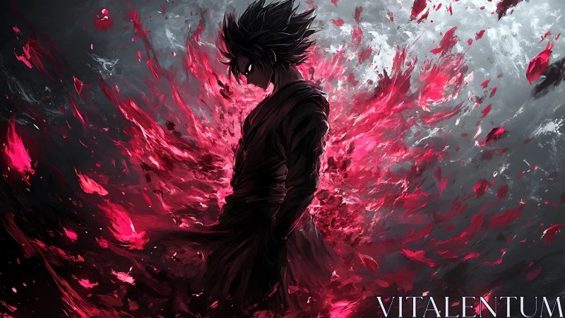 Dark anime warrior stands amid explosive crimson energy storm