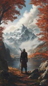 Armored figure observes distant alpine peak across lake