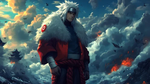 Storm-lit warrior watching distant fires beneath restless sky.