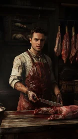 Young butcher in bloodstained shop preparing raw meat.