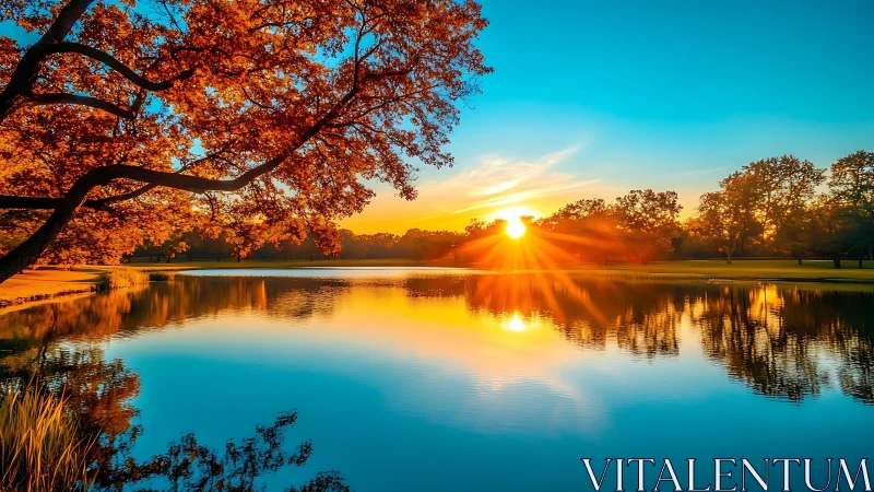 Sunset over calm lake with autumn trees and reflections.