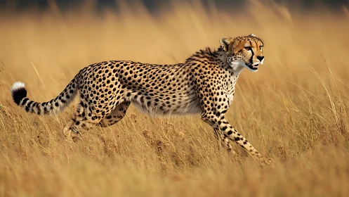 Cheetah strolling through sunlit savanna grasslands.