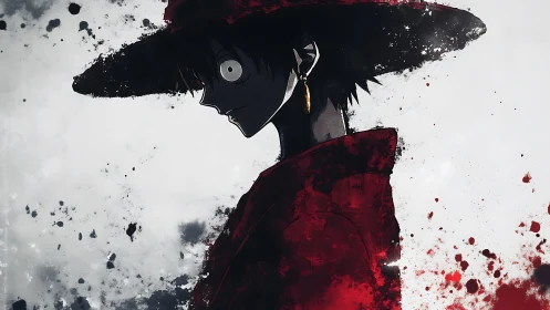 Silhouetted anime swordsman rendered with splattered ink textures