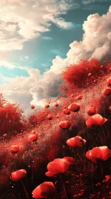Red poppy hillside under dramatic clouds and teal sky.