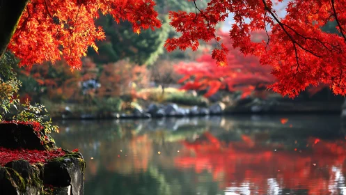 Autumn maple canopy over reflective pond in soft morning light