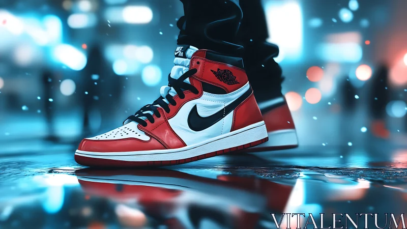 Street sneaker closeup glows over neon soaked wet pavement.