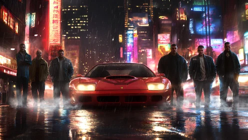 Neon rain showdown with red supercar and streetwise crew.