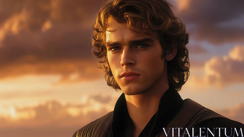 Brooding young warrior studies horizon under stormy sunset