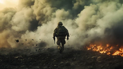 Solitary soldier advances through dense battlefield smoke