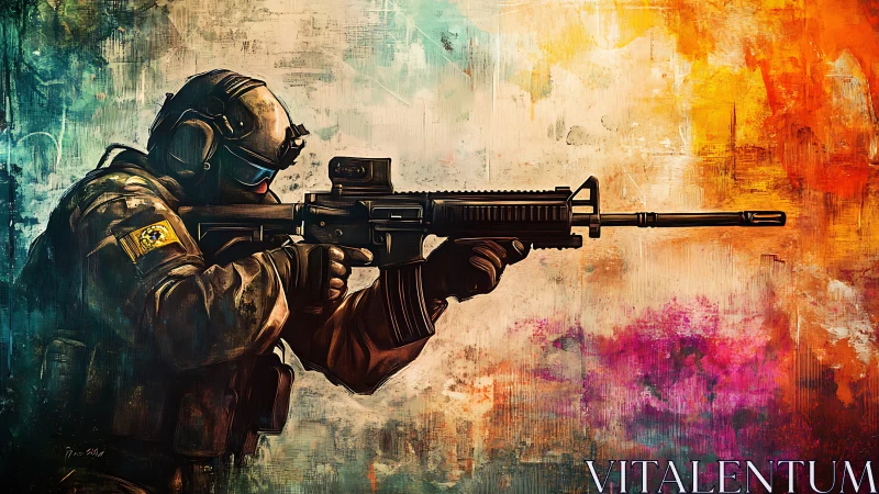 Helmeted soldier aims rifle against multicolor abstract field