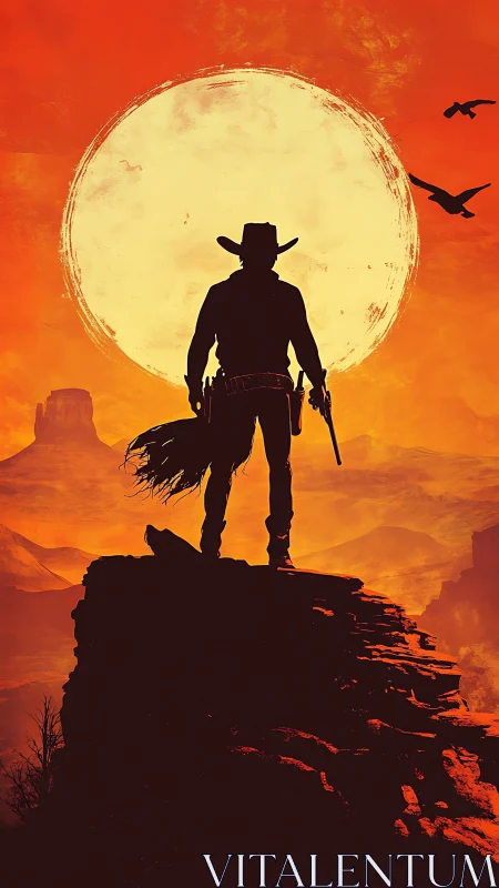 Silhouetted cowboy stands before oversized sun in desert