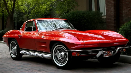 Classic red Corvette gleams on a quiet tree-lined street.