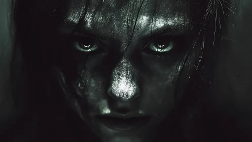 High-contrast horror portrait with chiaroscuro facial texture.