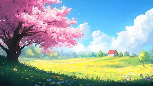 Blossoming cherry tree shelters a bright spring meadow home