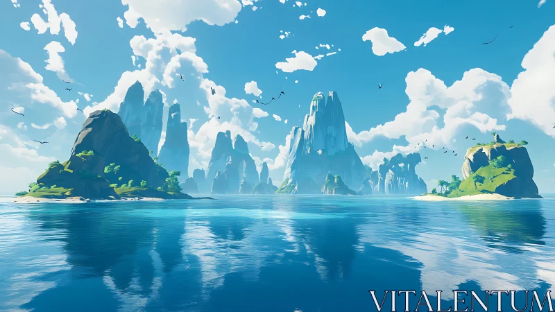 Floating Mountain Archipelago Over Crystalline Waters.