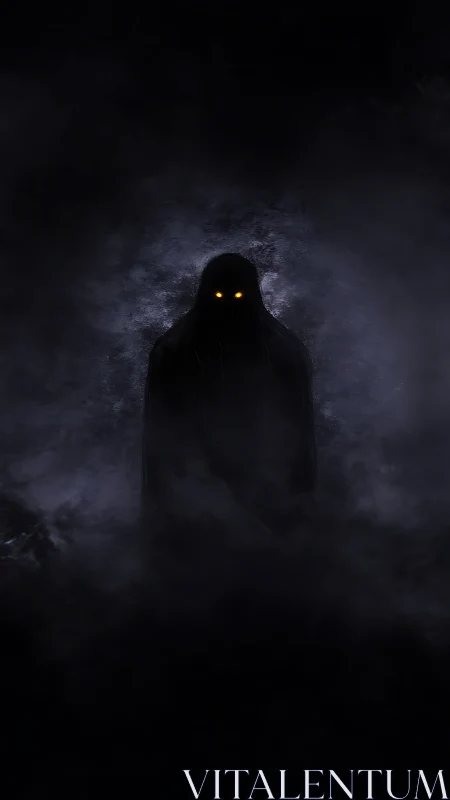 Shadowed wraith silhouette with glowing ember eyes in mist.