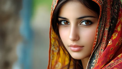 Woman in patterned headscarf with direct, calm gaze.
