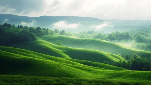 Sunlit green hills rolling softly beneath morning mist.