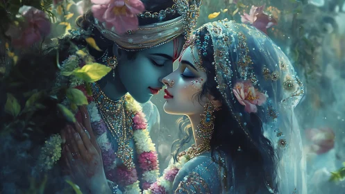 South Asian Wedding Figures with Ornamental Dress and Floral Setting