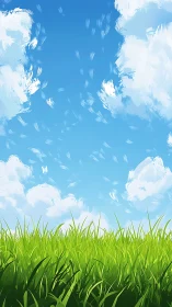 Vivid summer meadow stretches under bright, painterly sky.