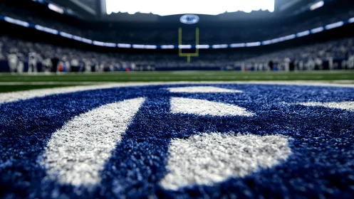Low-angle turf logo study with stadium depth of field focus.