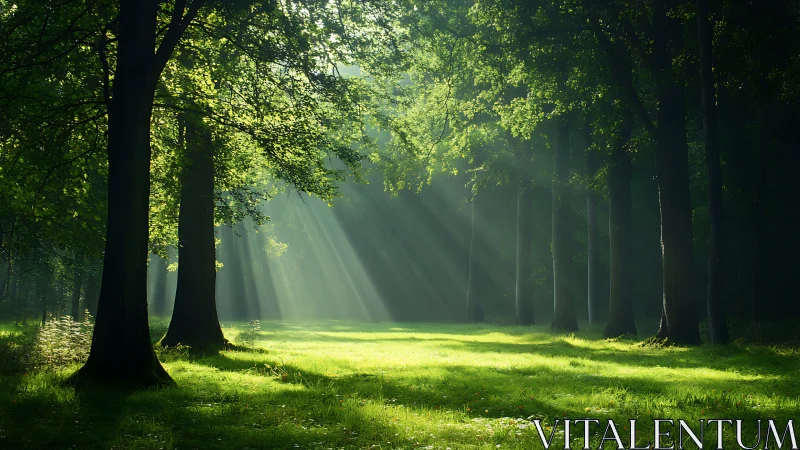 Sunlight streaming through lush green forest in tranquil morning scene.