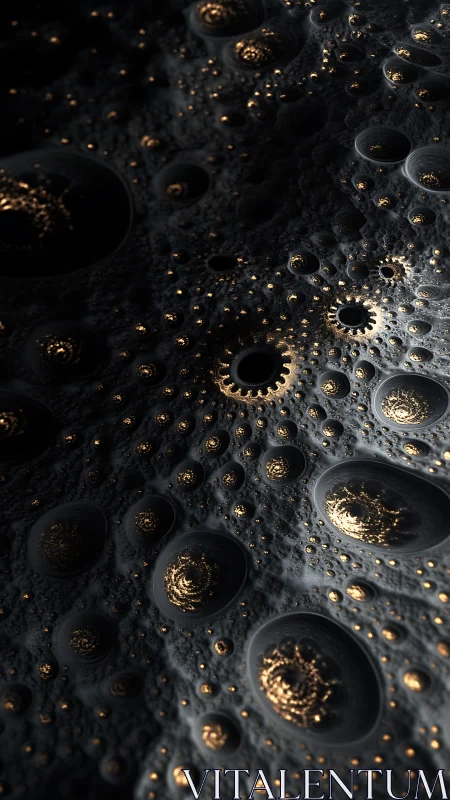 Fractal metallic craters with recursive golden light cores.
