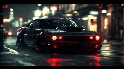 Black muscle car on wet city street at night in rainfall.