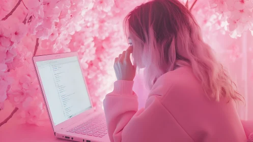 Programmer using white laptop amid saturated pink blossoms