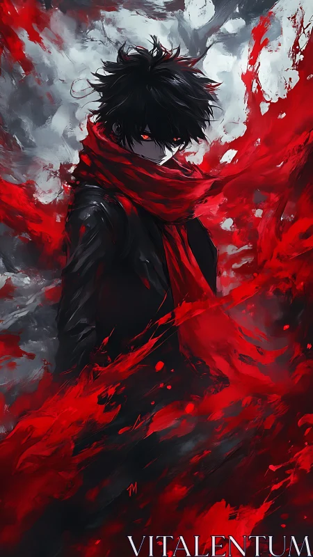 Dark haired figure in red scarf amid swirling red shapes.